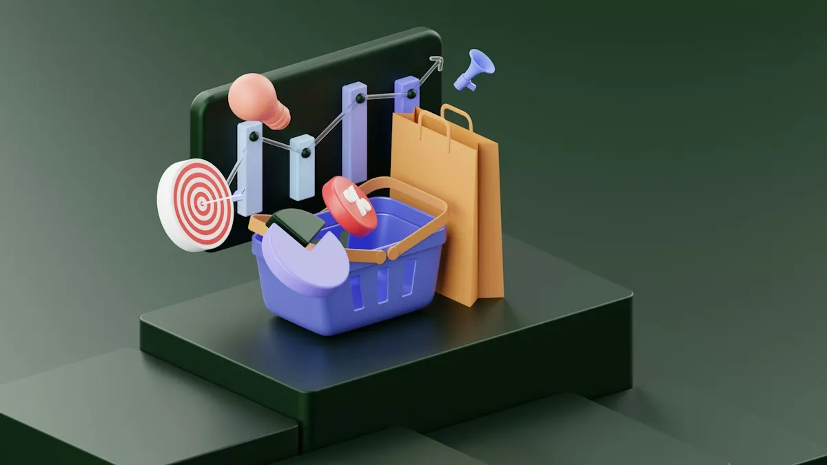 A 3D illustration featuring a series of shopping-related elements such as a shopping basket, a target, a lightbulb, a paper bag, and various charts or graphs. These objects are positioned on a dark green stepped platform, suggesting elements of business and marketing.