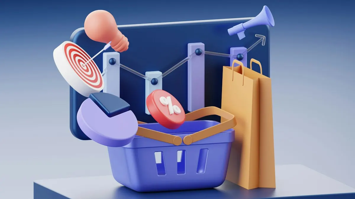 Ilustración 3D de eCommerce: carrito de compras, gráfico de crecimiento, descuentos y bolsas de compra