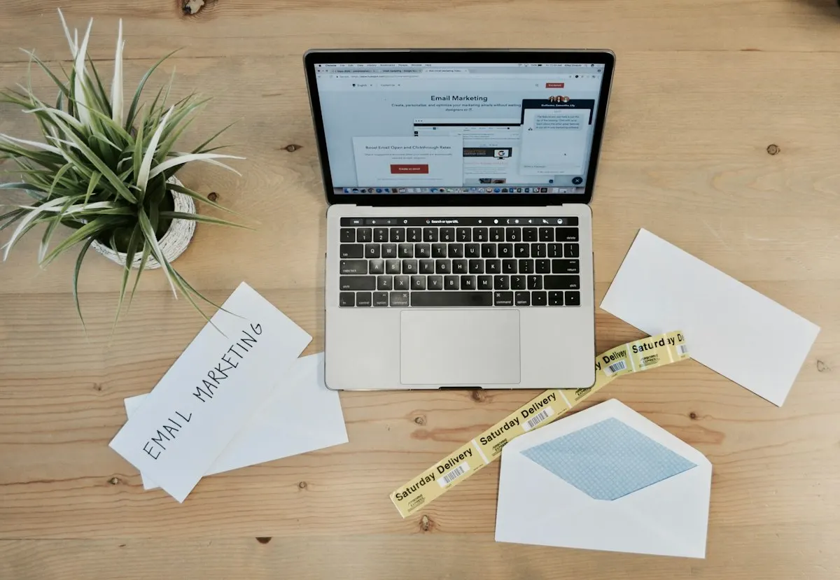 A wooden desk features a laptop displaying an email marketing webpage. On the desk are envelopes, one open with a blue inner lining, and two visible notes with the phrase 'Email Marketing.' There is also a small potted plant with green leaves and a yellow tape labeled 'Saturday Delivery.'